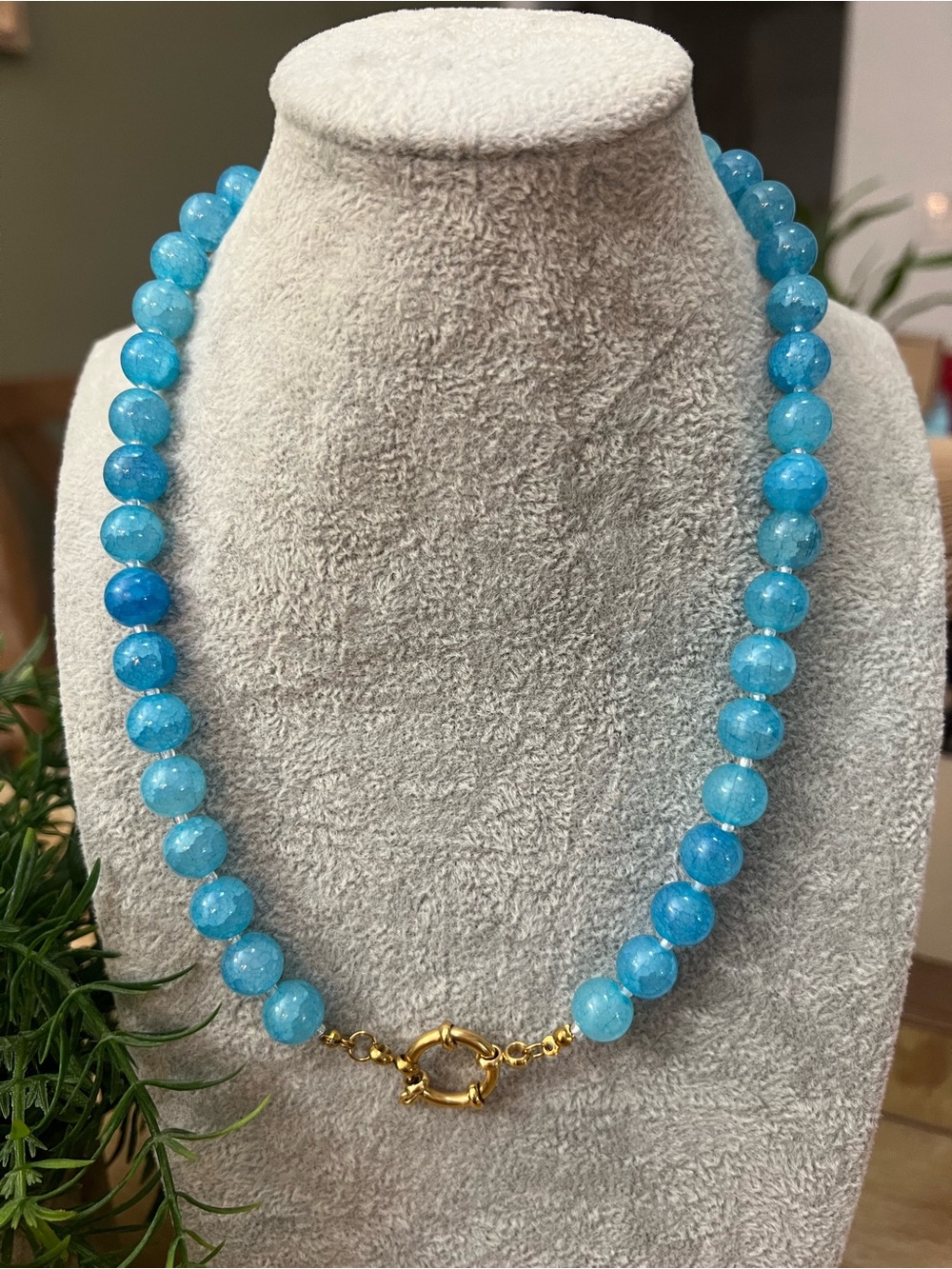 Blue Beaded Necklace with Gold Clasp - Women's Jewelry